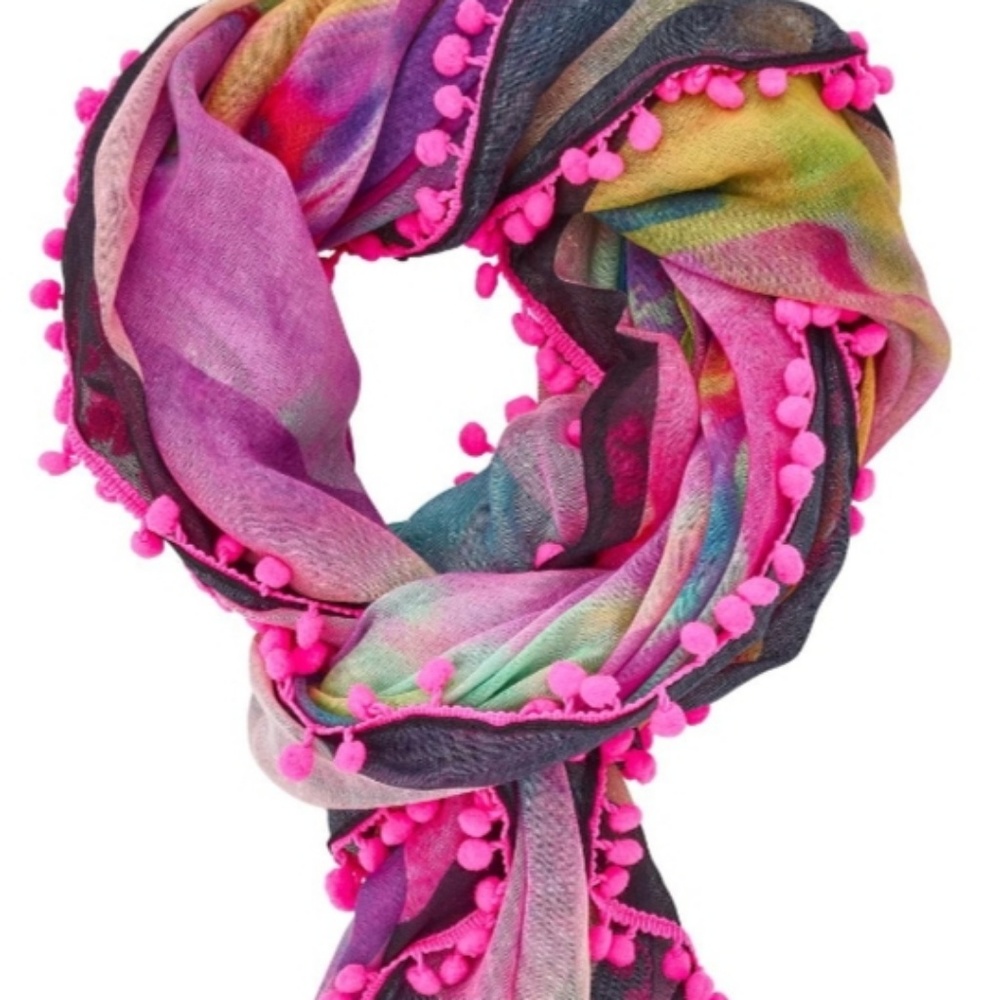 Scarf/shawl in multicolore with bright pink trim.